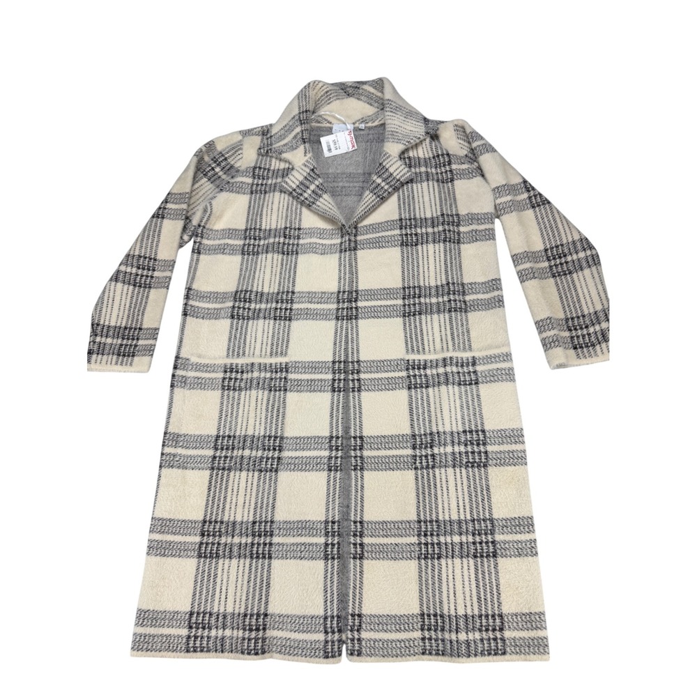 Cyrus Womens Plaid Longline Cardigan Sweater Cream Black Duster Size L MSRP $95